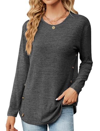 HANERDUN Damen Langarm Oberteil Casual Tops T-Shirt Basic Longshirt Rundhals Einfarbig Lose Bluse von HANERDUN