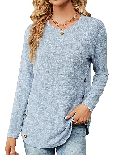 HANERDUN Damen Langarm Oberteil Casual Tops T-Shirt Basic Longshirt Rundhals Einfarbig Lose Bluse von HANERDUN