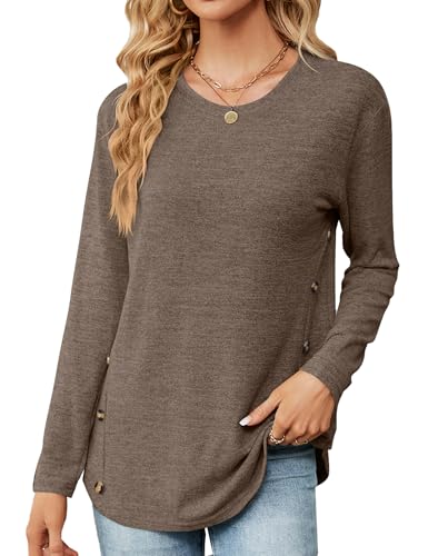 HANERDUN Damen Langarm Oberteil Casual Tops T-Shirt Basic Longshirt Rundhals Einfarbig Lose Bluse von HANERDUN