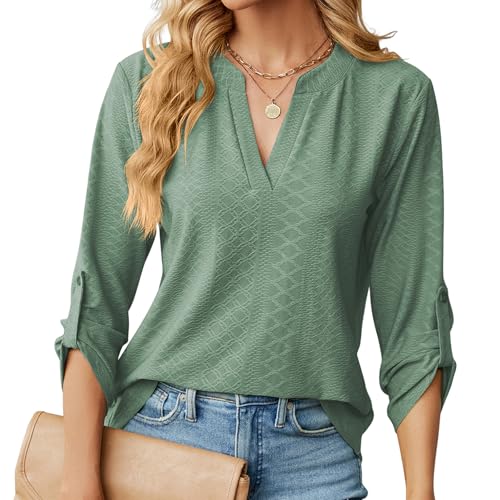 HANERDUN Damen Langarm V Ausschnitt Longshirt Oberteile Einfarbig Lässig Frühling Sommer und Herbst Alltagskleidung Bürokleidung von HANERDUN