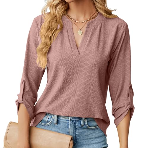HANERDUN Bluse Damen Langarm V Ausschnitt 3/4 Ärmel Longshirt Oberteile Einfarbig Lässig Frühling Sommer und Herbst Alltagskleidung Bürokleidung von HANERDUN