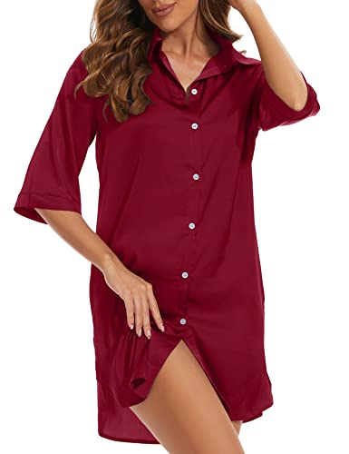 HANERDUN Damen Nachthemd Satin Button Down Schlafanzug 3/4 Ärmel Hautfreundlich wie Milch Sleepshirt Kerbe Kragen Sleepwear von HANERDUN