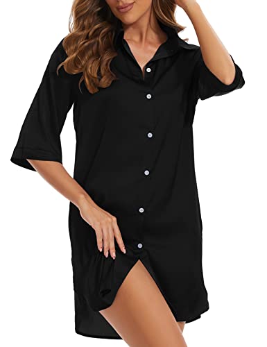 HANERDUN Damen Nachthemd Satin Button Down Schlafanzug 3/4 Ärmel Hautfreundlich wie Milch Sleepshirt Kerbe Kragen Sleepwear von HANERDUN