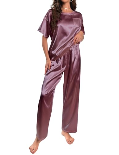 HANERDUN Damen Satin Pyjamas Set Kurzarm Hose Schlafanzug Zweiteiliger Pjs Sets Hausanzug(DUNKELVIOLETT,L) von HANERDUN