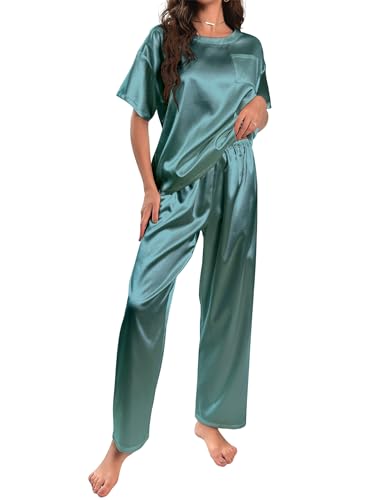 HANERDUN Damen Satin Pyjamas Set Kurzarm Hose Schlafanzug Zweiteiliger Pjs Sets Hausanzug(GRAU GRÜN,XL) von HANERDUN