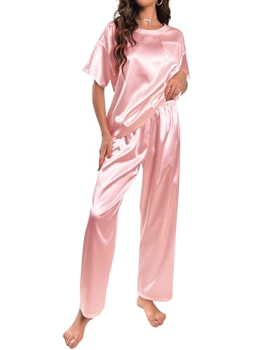 HANERDUN Damen Satin Pyjamas Set Kurzarm Hose Schlafanzug Zweiteiliger Pjs Sets Hausanzug(HELL-PINK,M) von HANERDUN
