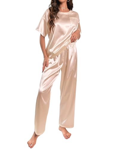 HANERDUN Damen Satin Pyjamas Set Kurzarm Hose Schlafanzug Zweiteiliger Pjs Sets Hausanzug(Khaki,S) von HANERDUN