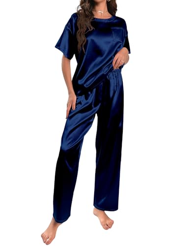 HANERDUN Damen Satin Pyjamas Set Kurzarm Hose Schlafanzug Zweiteiliger Pjs Sets Hausanzug(Navy BLAU,M) von HANERDUN