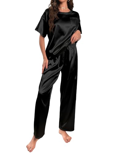 HANERDUN Damen Satin Pyjamas Set Kurzarm Hose Schlafanzug Zweiteiliger Pjs Sets Hausanzug(SCHWARZ,S) von HANERDUN