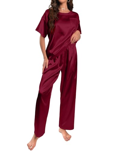 HANERDUN Damen Satin Pyjamas Set Kurzarm Hose Schlafanzug Zweiteiliger Pjs Sets Hausanzug(WEINROT,L) von HANERDUN