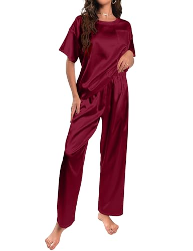 HANERDUN Damen Satin Pyjamas Set Kurzarm Hose Schlafanzug Zweiteiliger Pjs Sets Hausanzug(WEINROT,S) von HANERDUN