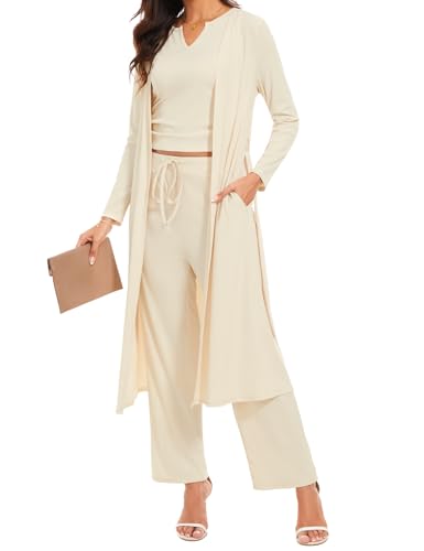 HANERDUN Damen Schlafanzug Kurz 3-teiliges Pyjama Set Offene Strickjacke mit Taschen Cami und Shorts Nachtwäsche mit Gürtel Robe Set von HANERDUN