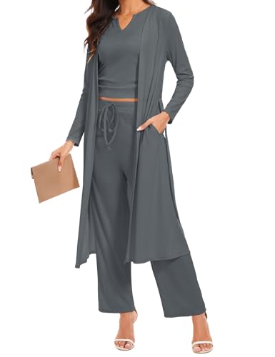 HANERDUN Damen Schlafanzug Kurz 3-teiliges Pyjama Set Offene Strickjacke mit Taschen Cami und Shorts Nachtwäsche mit Gürtel Robe Set von HANERDUN