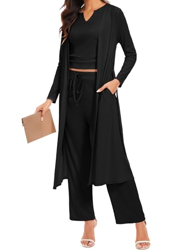 HANERDUN Damen Schlafanzug Kurz 3-teiliges Pyjama Set Offene Strickjacke mit Taschen Cami und Shorts Nachtwäsche mit Gürtel Robe Set von HANERDUN