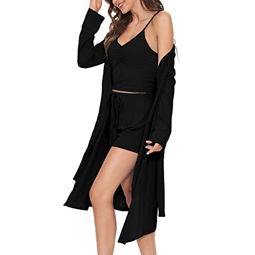 HANERDUN Damen Schlafanzug Kurz 3-teiliges Pyjama Set Offene Strickjacke mit Taschen Cami und Shorts Nachtwäsche mit Gürtel Robe Set von HANERDUN