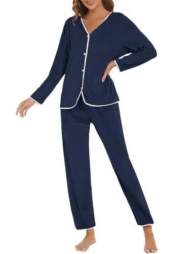 HANERDUN Damen Schlafanzug Lang Herbst Winter Velours Pyjama Set Hausanzug Zweiteiliger V-Ausschnitt Nachtwäsche mit Knopfleiste(NAVYBLUE,XL) von HANERDUN