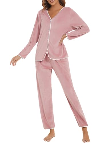 HANERDUN Damen Schlafanzug Lang Herbst Winter Velours Pyjama Set Hausanzug Zweiteiliger V-Ausschnitt Nachtwäsche mit Knopfleiste(PINK,L) von HANERDUN