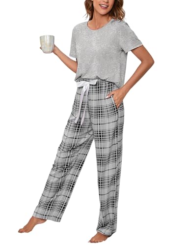HANERDUN Damen Schlafanzug Zweiteiliger Kurzarm Lang Hose Pyjama Set Für Sommer & Herbst Baumwolle Polyester Gemisch Rundhals Sleepewear Loungewear Hausanzug Freizeitanzug von HANERDUN