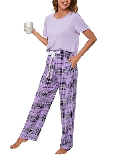 HANERDUN Damen Schlafanzug Zweiteiliger Kurzarm Lang Hose Pyjama Set Für Sommer & Herbst Baumwolle Polyester Gemisch Rundhals Sleepewear Loungewear Hausanzug Freizeitanzug von HANERDUN