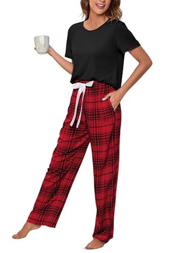 HANERDUN Damen Schlafanzug Zweiteiliger Kurzarm Lang Hose Pyjama Set Für Sommer & Herbst Baumwolle Polyester Gemisch Rundhals Sleepewear Loungewear Hausanzug Freizeitanzug von HANERDUN