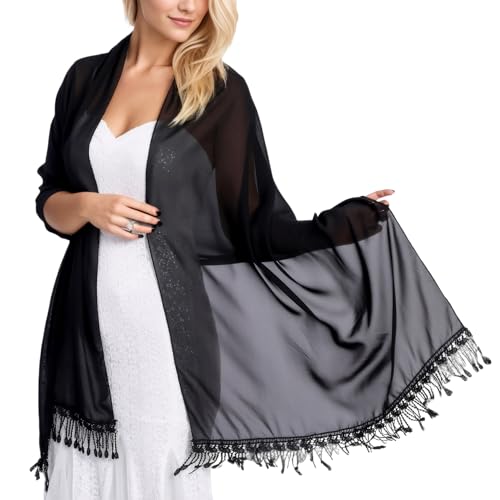 HANERDUN Damen Sheer Chiffon Schals und Wraps Quastenspitze für Abendkleider Sheer Soft Brautjungfer Hochzeit Shawl Party Organza Stole 210 * 70cm von HANERDUN