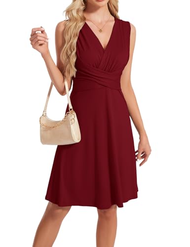 HANERDUN Damen Sommerkleid Ärmelloses Freizeitkleider Elegant V-Ausschnitt Taille Abschnitt Kreuzfalten Kleid von HANERDUN