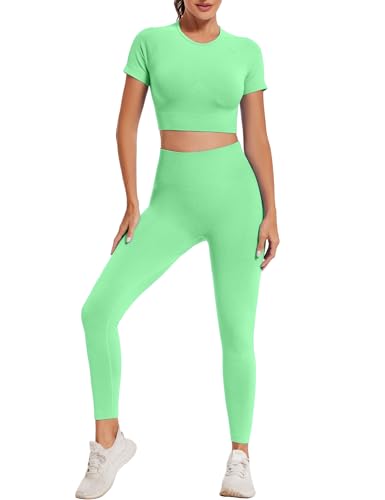 HANERDUN Damen Sportanzüge 2 Stücke Nahtlose Outfit Traingsanzug Jogginganzug Tiefem V und Leggings Bekleidungssets Yoga Outfit Freizeitanzug Sportswear von HANERDUN