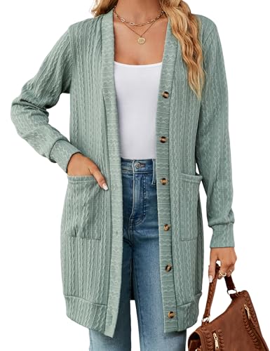 HANERDUN Damen Strickjacke Lang Herbst Winter Mantel Grobstrick Cardigan Strickmantel mit Knöpfen und Taschen von HANERDUN