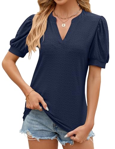 HANERDUN Damen T Shirt Sommer Kurzarm Tops V-Ausschnitt Solide Bluse Hohle Bequem und atmungsaktiv Freizeit Strand Oberteile von HANERDUN