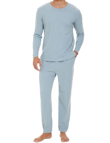 HANERDUN Herren Schlafanzug Lang Pyjama Frühling Herbst Winter Baumwolle Langarm Shirt mit 2 Tasche Elastisch Pyjamahose Zweiteilig Set Nachtwäsche von HANERDUN