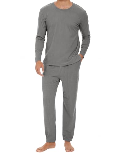 HANERDUN Herren Schlafanzug Lang Pyjama Frühling Herbst Winter Baumwolle Langarm Shirt mit 2 Tasche Elastisch Pyjamahose Zweiteilig Set Nachtwäsche von HANERDUN