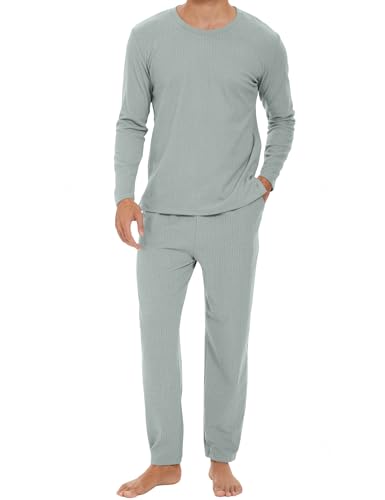 HANERDUN Herren Schlafanzug Lang Pyjama Frühling Herbst Winter Baumwolle Langarm Shirt mit 2 Tasche Elastisch Pyjamahose Zweiteilig Set Nachtwäsche von HANERDUN