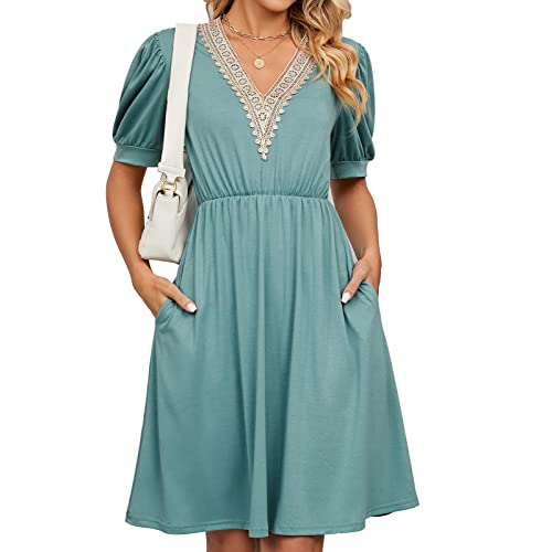 HANERDUN Kleider Damen Boho Kurzarm Sommerkleid Hohe Taille Freizeitkleid mit V-Ausschnitt von HANERDUN