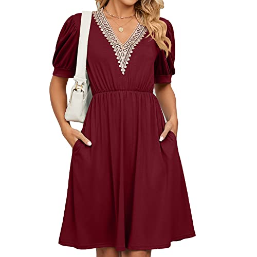 HANERDUN Kleider Damen Boho Kurzarm Sommerkleid Hohe Taille Freizeitkleid mit V-Ausschnitt von HANERDUN