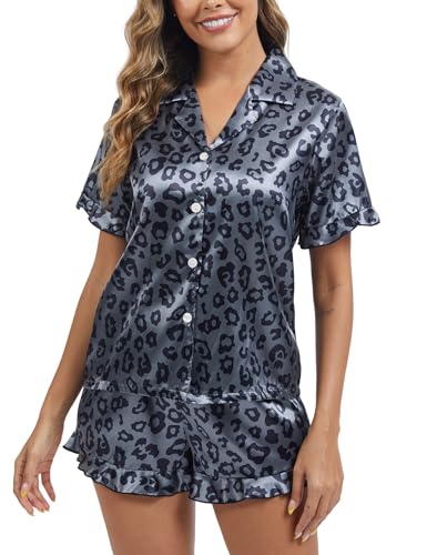 HANERDUN Schlafanzug Damen Pyjama Set Satin Kurzarm Nachtwäsche mit Knopfleiste Zweiteiliger Hausanzug Sleepwear Pjs Sets von HANERDUN
