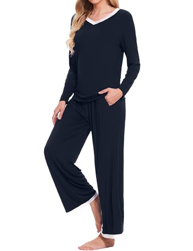 HANERDUN Schlafanzug Damen Pyjama Set Zweiteiliger Lang Rundhals Nachtwäsche Superweich und hautfreundlich für Frühling Herbst von HANERDUN