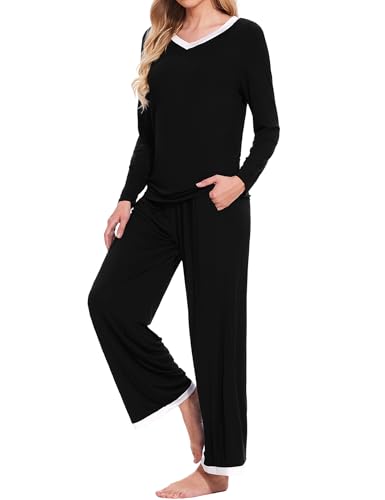 HANERDUN Schlafanzug Damen Pyjama Set Zweiteiliger Lang Rundhals Nachtwäsche Superweich und hautfreundlich für Frühling Herbst von HANERDUN