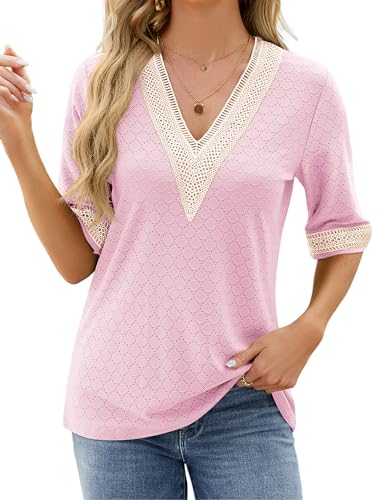 HANERDUN T Shirt Damen Kurzarm Bluse Bohème V Ausschnitt Tops Casual Sommer Oberteile Solide Hohle Bequem und atmungsaktiv von HANERDUN