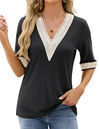 HANERDUN T Shirt Damen Kurzarm Bluse Bohème V Ausschnitt Tops Casual Sommer Oberteile Solide Hohle Bequem und atmungsaktiv von HANERDUN