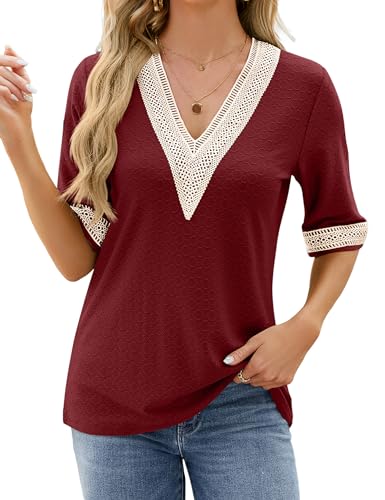 HANERDUN T Shirt Damen Kurzarm Bluse Bohème V Ausschnitt Tops Casual Sommer Oberteile Solide Hohle Bequem und atmungsaktiv von HANERDUN