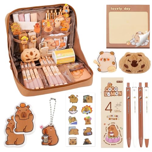 HANGGON Capybara Schulsachen Set – Stiftbox aus Stoff, 10 Sticker, Mini-Plüschtier, Anstecknadel, Schlüsselanhänger, Notizblock, 4 Gelstifte & Clip – Süßes Capybara Geschenk für Schule & Büro von HANGGON
