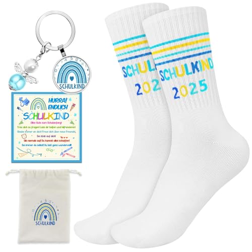 HANGGON Socken Schulkind 2025 Junge Mädchen,Einschulung Geschenk Baumwolle Socken mit Schutzengel Schlüsselanhänger, Grußkarte, Tasche mit Kordelzug,Schultüte Füllung Schulanfang Geschenk von HANGGON