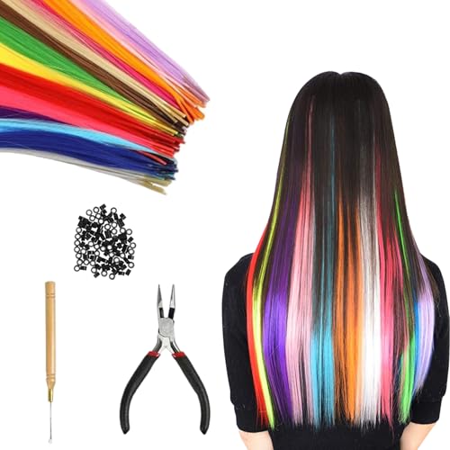 HANIUTTY 50 Stück Bunte Haarverlängerungs Set, Kunst Haarsträhnen Extensions Haarsträhnen Kinder, Haarschmuck Bunte Haarsträhnen Kinder, Haarteil Zange Häkchen mit 150 Perlen Ponytail Braids Clip von HANIUTTY