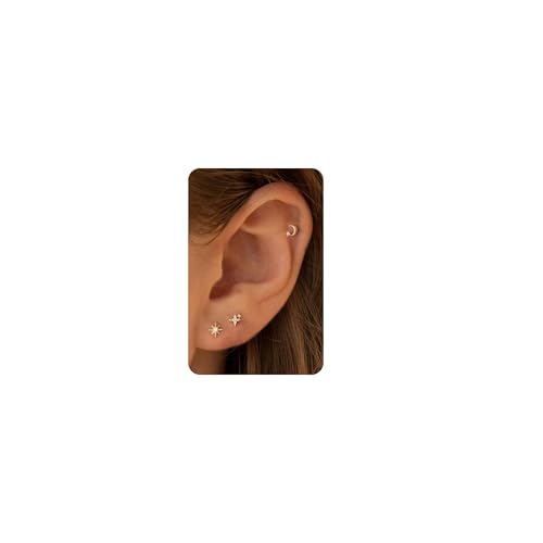 HANLI 3 Paar Gold Ohrringe Damen Stern Mond 925 Sterling Silber Flache Stecker Ohrringe Conch Helix Tragus Piercings Ohrringe Ohr Schmuck Ohrstecker von HANLI
