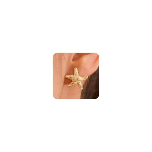 HANLI Seestern Ohrringe Gold Damen - 14K Gold Vergoldet Starfish Meer Muschel Ohrstecker Hypoallergen Elegante Leichte Mini Ohrringe für Sommer Strand von HANLI