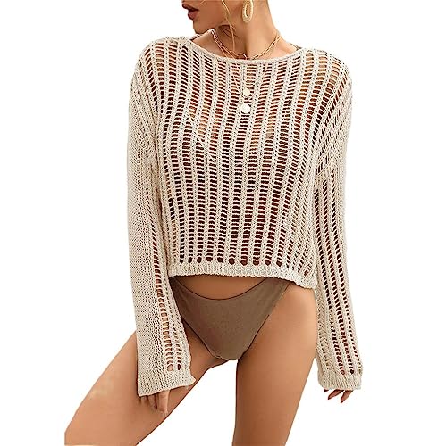 Damen Mesh Crochet Crop Top Langarm aushöhlen Strick Pullover Pullover Bikini Strand durchsichtig Cover Ups, Apricot1, XL von HANMAX