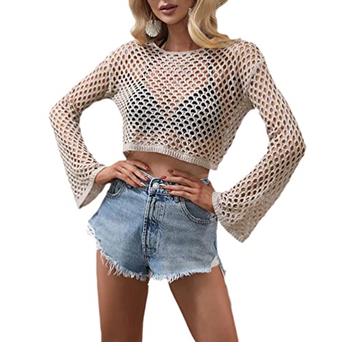 Damen Sexy Crochet Crop Top Mesh Transparent Cover Up für Bikini Hollow Out Fischnetz Langarm T-Shirt Top, Khaki, XL von HANMAX