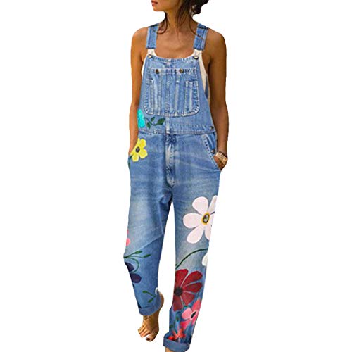 HANMAX Damen Denim Jeans Latzhose Langer Overall Blumen Jeansoptik Klasse Vintage Jeans Lang Lässig Baggy Boyfriend Stylisch Jumpsuit Hüftjeans von HANMAX