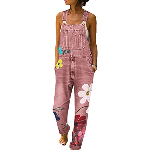 HANMAX Damen Denim Jeans Latzhose Langer Overall Blumen Jeansoptik Klasse Vintage Jeans Lang Lässig Baggy Boyfriend Stylisch Jumpsuit Hüftjeans von HANMAX