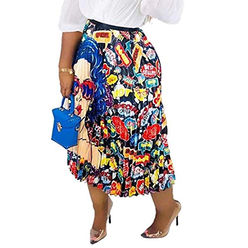 HANMAX Damen Graffiti-Rock mit Faltenrock Cartoon-Druck Elastischer Taille A-Linie Swing Midirock von HANMAX